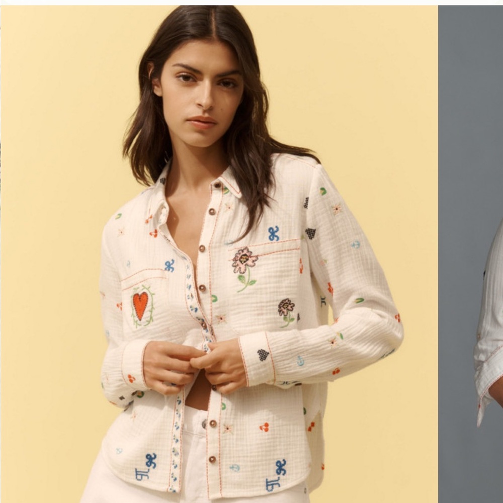 Pilcro Icon White Button-Down Shirt Red Heart & Multicolor Embroidery Medium